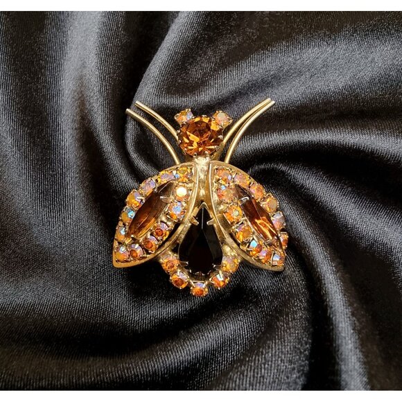 Vintage 1960's Gold-Tone Bug Brooch  Amber Iridescent Rhinestones Sparkling Broo - Picture 3 of 4